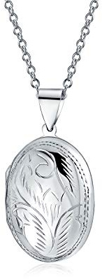 Bling smycken personlig gravyr vintage stil snidad blommigt blad foto oval form medaljong för kvinnor som håller bilder .925 silver medaljong halsband hänge Sm Med LG, En storlek, Sterlingsilver,