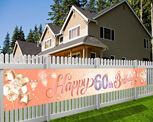 HOWAF Langes Banner 60. Geburtstag Dekoration Frau Rose Gold, Stoff Banner für Frau 60 Geburtstag Deko Hintergrund Photo Booth Garten Tabelle Mauer, 9 x 1,2 Fuß