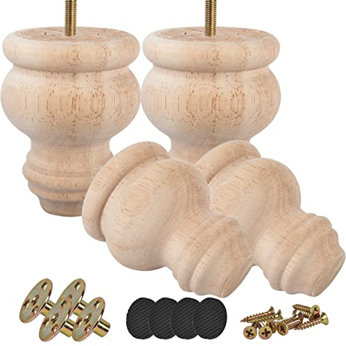 Btowin 7,6 cm (3 tum) obehandlade träfot, 4 st massiva trämöbelben med gängade 5/16 tum hängbultar och monteringsplatta och skruvar för soffottoman TV-stativ Loveseat byrå