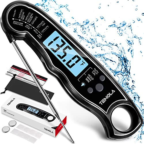 Meat Thermometer, Instant Read Food Thermometer Waterproof Ultra Fast Digital Cooking Thermometer with Large LCD Backlight Calibration for Candy Grill BBQ Baking Water Milk Smoker Oil Liquids (Black)