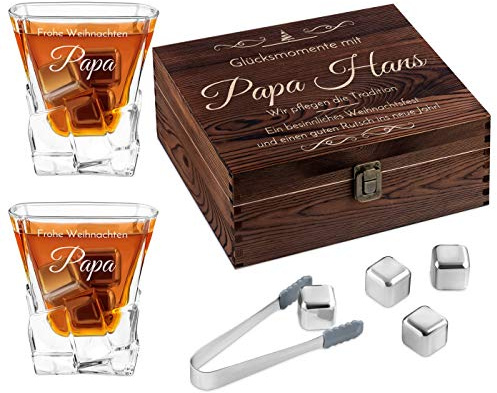 Maverton Whisky Steine Set - in Holzbox mit Gravur - 8 Eiswürfel & 2 Whisky Gläser - wiederverwendbar - personalisierte Geschenke zu Weihnachten - Geschenke für Männer, Frauen, Paar - Glücksmomente
