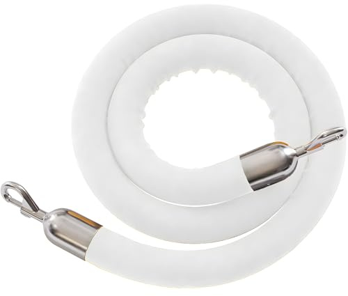 Montour Line Velvet Hanging Stanchion Rope Foam Core, 6 Foot White Rope with Polished Stainless Steel Snap Ends