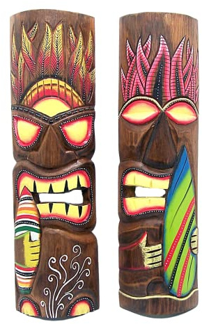 Wowser Hand Crafted Hawaiian Style Surfer Tiki Masks, Wall Décor, Set of 2 Assorted Colors