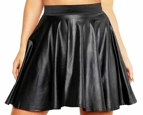 Women Ladies Sexy High Waist Faux Leather Wetlook PVC Flare Skater Mini Skirt Size 8-26(24-26) Black