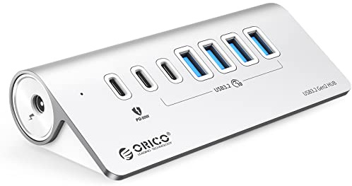 ORICO USBC 3.2 Gen 2 Hub 7 Porte, 10 Gbps Hub USB C con 4 Tipo A, 2 Tipo C, PD 60W, Multiporta Adattatore in Alluminio con 0.5m Cavo per Macbook, Macbook Pro, Scrivania