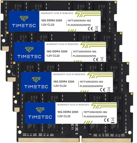 Timetec 64GB Kit(4x16GB) DDR4 3200 MHz (PC4-3200AA) PC4-25600 SODIMM – Sin ECC, sin búfer, 260 Pines, 1,2V CL22, módulo de Memoria para Ordenadores portátiles, Mini-PC y Ordenadores Todo en uno.
