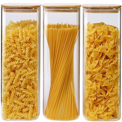 HomArtist Quadratische Glasdosen mit Bambusdeckel, 2000 ml, Glasbehälter mit luftdichtem Deckel, Frischhaltedosen aus Glas für Spaghetti, Fettuccine, Linguine, Nudeln, ideal für Küche und