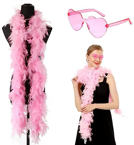 Boa Piume di Tacchino, 2 M, con Occhiali da Sole, Decorazione Sciarpe per Festa in Abito da Sposa, Carnevale, Halloween, Costume di Natale (Rosa)