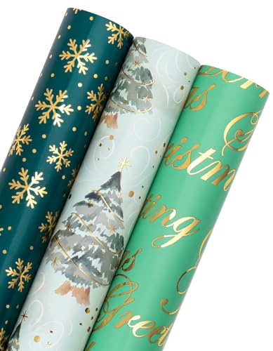 RUSPEPA Weihnachts-Geschenkpapierrolle –3 Rollen–43,2 x 305 cm pro Rolle–Schriftzug „Grüner Weihnachtsbaum“, „Schneeflocke“ und „Festliche Wünsche“, Weihnachtskollektion mit metallischem