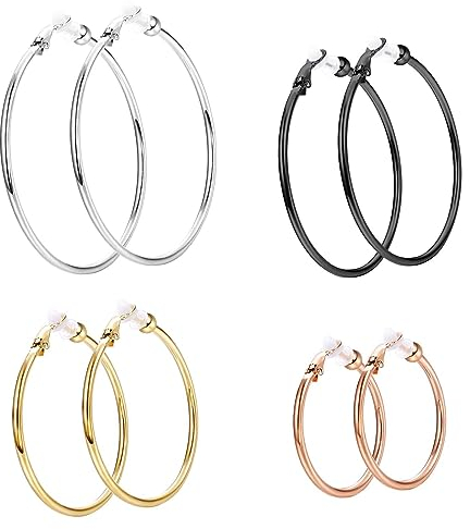 4 Paar Runde Creolen Breite Anhänger undurchbohrter Clip Schmuck für Damen 30mm 40mm 50mm 60mm Zink Zink