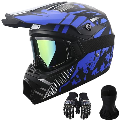Motorcycle Dirt Bike Helmet Full Face Motocross Helmets for Outdoor Sports Off Road Racing Mountain Bike Men Women Off-Road Helmet Gloves Goggles for Adult Youth DOT/FMVSS 218 Approve(Dark Blue XL)