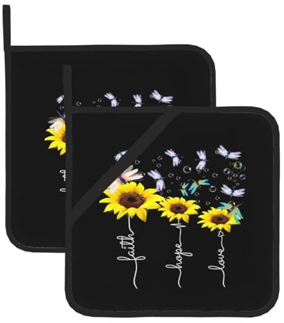 Set di 2 presine resistenti al calore con tasca per cottura in cucina, forno, forno a microonde (20,5 x 20,5 cm) / girasole