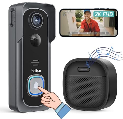 BOIFUN WLAN Video Türklingel mit Kamera (Video Doorbell), 2K-HD-klingel, 2.4G WIFI, Nachtsicht, PIR Personenerkennung, 2-Wege-Audio, Kompatibel mit Alexa, Unterstützt SD & Cloud-Speicher, mit Chime