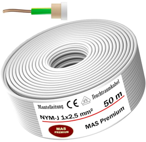 MAS Premium 5-100m Feuchtraumkabel Stromkabel Mantelleitung NYM-J 1x1,5, 2,5, 4, 6, 10, 16 oder 25 Elektrokabel OFC Ring für feste Verlegung (NYM-J 1x2,5 mm², 50m)