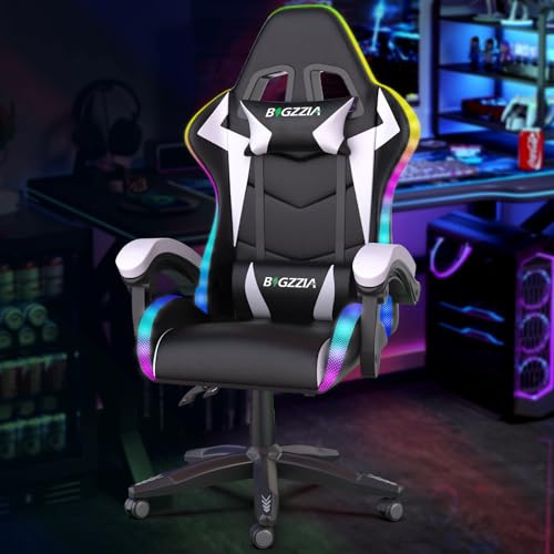 Bigzzia RGB Gaming Chair with LED Lights and Ergonomic Computer Chair Reclining PU Leather High Back Video Game Chair (Black and white, With RGB Lights)