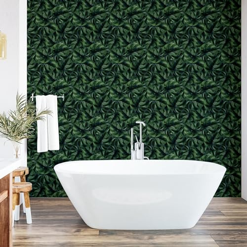 Ambesonne Tropical Peel & Stick Wallpaper for Home, Fashion Monstera Leaves Realistic Illustrations on Monochrome Back, Self-Adhesive Living Room Kitchen Accent, 33 cm x 90 cm, Hunter Green Dark Teal