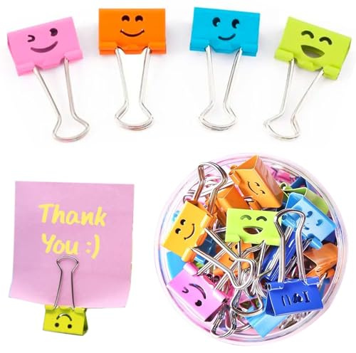 Foldback Klammern,40 Stück Lächeln Klammern Metall,Papierklammern mit Box | 19mm Binder Clips,Aktenklammern,Foldback Klammern Groß für Notizen Organisieren Einstufung - Fasst 75 Blatt Papier