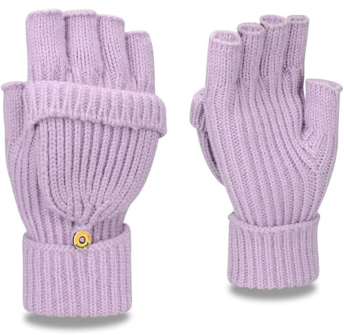 Yaopelky Guanti invernali senza dita per donna e uomo, mezzi e interi, in maglia con glitter, con pollice e cappuccio, convertibili, termici, Viola, One Size for most adults