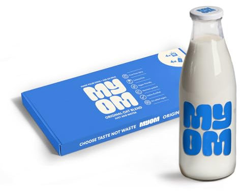 MYOM - Oat Drink with Glass Bottle - Makes 4 Litres - Vegan Plant Based Oat Drink with Vitamin D3, Vitamin B12 and Iodine - Low Sugar - Dairy Free Plant-Based Milk - Starter Bundle 4 x 130g