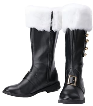 Helltaker Unisex Christmas Santa Claus Boots Bells Buckle Strap Boots Wide Calf With White Fur for Halloween Christmas Party