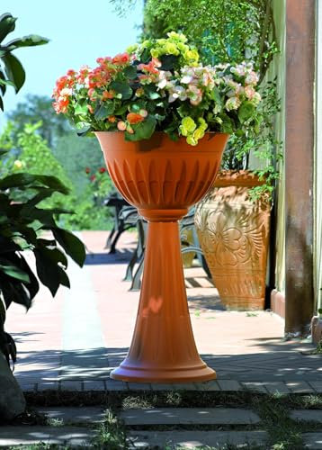mille idee 3 vasi vaso fioriera giardino per fiori piante e portacenere a colonna con piede alto in plastica, colore terracotta D.43x74,5h 20 Lt.