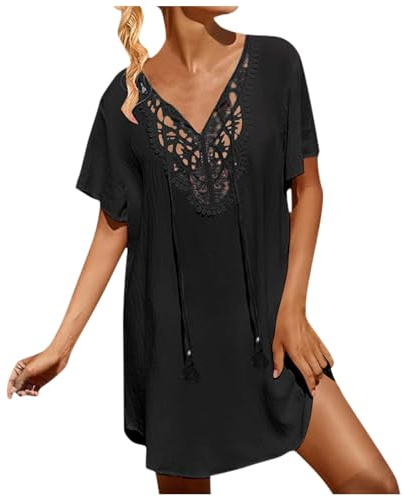Strandkleid Damen Kurz Strandkleider Damen Leicht und Luftig Badekleid Schwarz Rot Bikini Cover Up Kleid Schwimmkleid Kuzarm Grün Strandtunika Kaftan Schwimmkleider