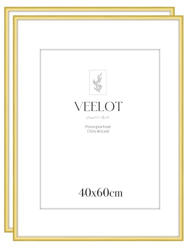 Veelot® 2x Cadre Photo 40x60cm Métal Aluminium Doré Mat,Passe-partout 30x40cm,Moyen Cadre Décoration Dessin Diplôme,Montage Mural Uniquement