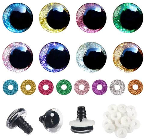 TOAOB 32 Stück Sicherheitsaugen für Häkeltiere 18 mm Glitzer Bunt | 8 Farben Kunststoff Augen, Sicherheitsaugen mit Unterlegscheiben für DIY Basteln, Marionette Puppenherstellung Tieraugen