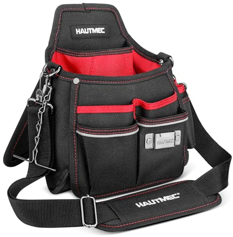 HAUTMEC Electrician Tool Pouch with Kickstand, Heavy-Duty 14-Pockets Tool Bag with Shoulder Strap, Belt Loop, Tape Clip & T-Chain Holder - HT0399