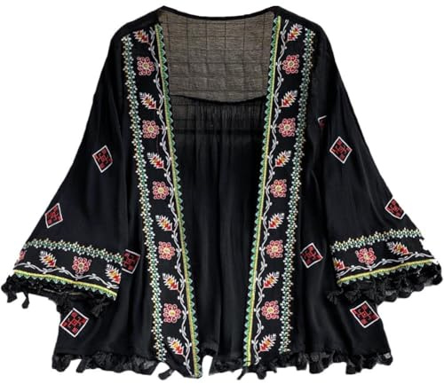 Ymxygz Cárdigans Tipo Kimono Florales para Mujer, Cárdigan De Gasa con Borlas Bordadas De Estilo Festivo, Tops Cortos Ajustados Holgados con Frente Abierto para Mujer