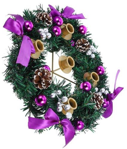 SWOOMEY Christmas Advent Wreath Candles Centerpiece 5 Purple Pillar Candle Holders, Artificial Pinecone and Ribbon Decor for Holiday Table Decoration