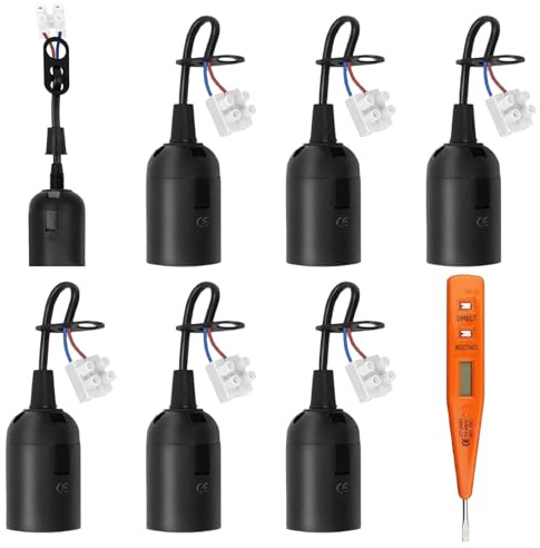 6 PCS Portalampada E27,E27 Lampade Basi con Filo e Terminale,Portalampade con Tester di Tensione,per Lampade a Sospensione in Soggiorno,Cucina,Nero