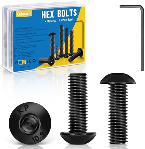 Caianwin 50 unidades tornillos de cabeza lenticular M6 x 16 negros, tornillos de cabeza semirredonda ISO 7380, cabeza plana, acero al carbono, tornillos hexagonales con llave Allen para máquinas