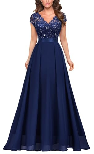 MIUSOL Women's Elegant V-Neck Lace Emprie Waist Bridesmaids Party Gown Formal Maxi Dress (Small, Sequins Version - Navy Blue)