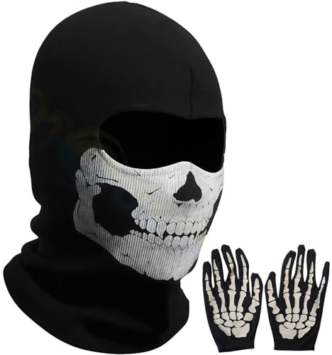 AYNKH 2-Teiliges Scary Skull Ghost Maske und Handschuhen, Totenkopf-Maske, geeignet für Halloween-Kostüme, Rollenspiele, Snowboarden, Radfahren, Motorradfahren und andere Outdoor-Sportarten