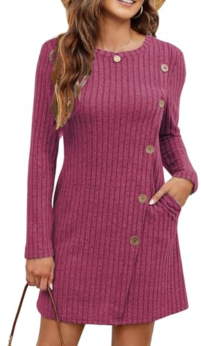 Koerye Vestido para Mujer Invierno Casual Manga Larga Vestidos Suéter Elegante Midi con Cuello Redondo Vestido Túnica con Botones Laterales y Bolsillos Burdeos,L