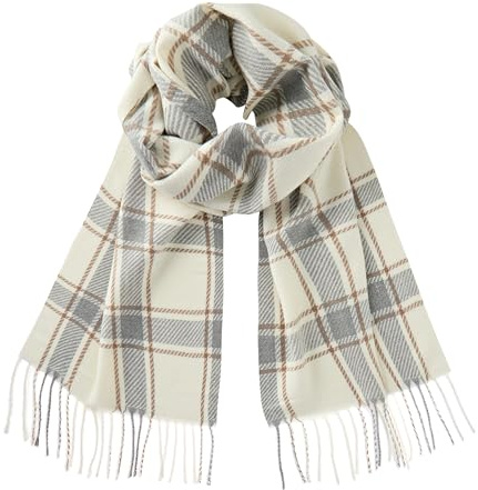 CALVIN & OLIVIA Lightweight Ultra-Soft Scarf - Perfect Holiday Gift for Men & Women - Cream Gray Plaid Camel Accents Tassel Fringe