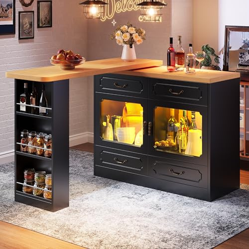 Gxffipw 360° Drehbarer Bartisch Höhe 92.8 cm mit LED Licht und 4 Schublade, Drehbare Esstisch mit Stauraum, Sideboard Bartisch Küche mit Glastür, Küchenschrank Barschrank für Esszimmer, Schwarz