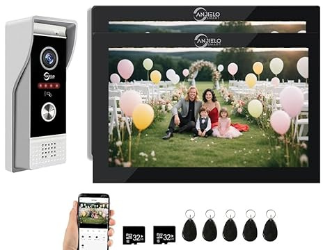 ANJIELO SMART Tuya Video Doorbell Home Intercom,7 Inch Touch Monitor with Video Doorbell Camera,3 in 1 Unlocking,Two-Way Intercom for Apartments,Villas & Homes (doorbell+2 black monitor)