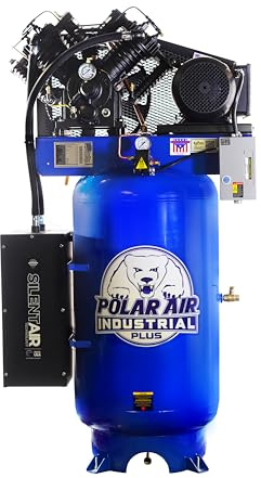 POLAR AIR Industrial Plus Silent Air Compressor - 7.5HP 80 Gal Vertical 2-Stage, 31CFM 230V 1-Phase with Pressure Lube Pump & Auto Drain System - PSP07V080V1
