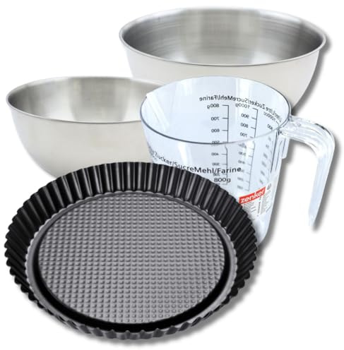 Zenker 9375150 Set pâtisserie Moule à Tarte Renversée 28 cm Fond Gaufré, Antiadhésif Teflon, Brioches, 2 Bols à Mixer en Acier Inox 20,5 et 25 cm, Verre Mesureur Plastique 1 L, Spatule Silicone, Noir