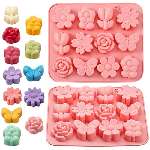2 Stück Krawatten Silikonformen, Silikonform in Blumenform Pralinenform Silikon Schmetterlings und Krawatten Silikonformen 3D DIY Silikonform Kerzen Gießen Formen Rose Blume