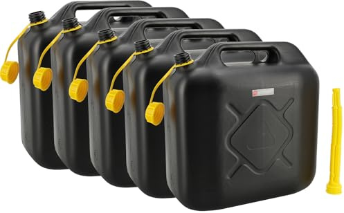 Jerrycan 20l Benzina Set di 5 | Plastica (HDPE) e UN | Taniche per carburante in plastica per benzina e diesel con tappo a vite e beccuccio - Nero