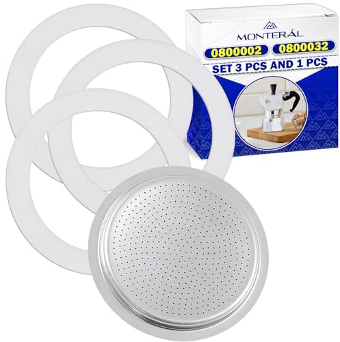 Set de 3 Pcs Joint Cafetiere Italienne Ø 56/42 mm et 1 Pcs Filtre Ø 45 mm pour Cafetière Italienne 2 Tasses avec Code Origine 0800002 0800032 pour Bialetti Moka Express Dama Break Fiammetta - MONTERAL