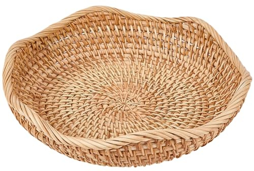 CREATCABIN Cesta de Pan de Ratán 10 Cuenco Redondo de Mimbre para Servir Fruta Pequeño Decorativo Hecho A Mano Cestas para Pan con Borde Festoneado Cuenco de Servir Tejido Natural para Frutas 25x7cm