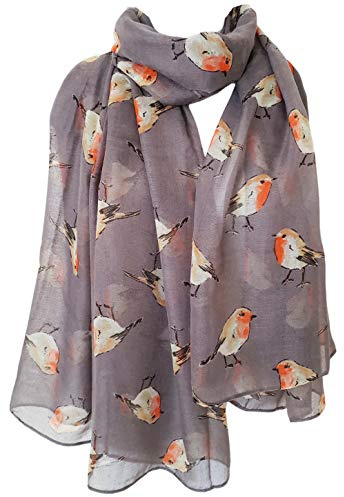 GlamLondon Damen-Schal mit Aquarell-Motiv Rotkehlchen, Weihnachtsschal Gr. 90, grau