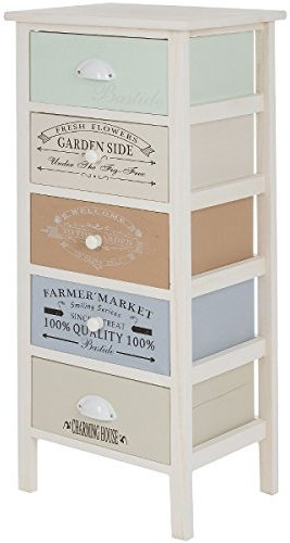 elbmöbel Kommode Weiss Vintage Shabby Chic mit 5 Schubladen Bastide bunt aus Holz (86cm)