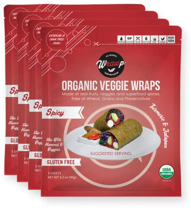 WrawP Organic Mini Veggie Wraps - SPICY (4 pack) SHELF STABLE, All Natural, Gluten Free, Paleo, Raw Vegan. Perfect for Wraps, flat bread, snack, chips