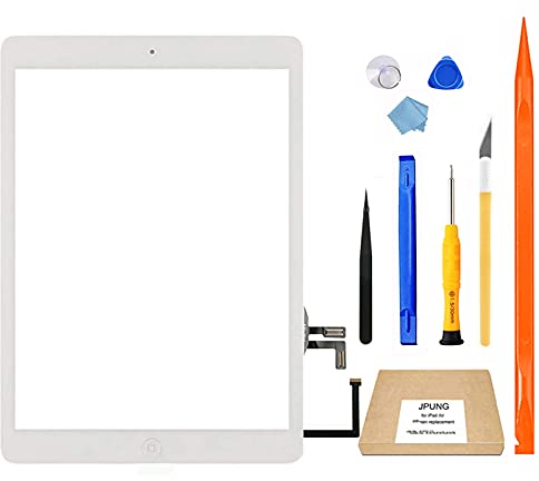 JPUNG Reemplazo de pantalla digitalizador para iPad Air de 1ª generación (blanco), para pantalla táctil A1474 A1475 A1476, con botón de inicio, kit completo de herramientas de reparación, soporte para