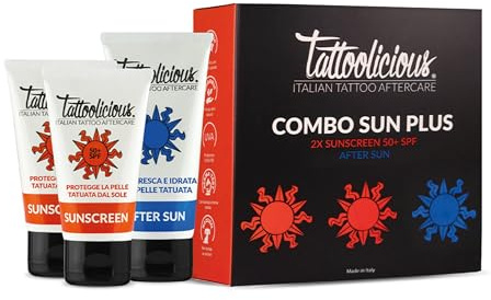Tattoolicious COMBO SUN PLUS - SUNSCREEN 50+ Anti - Verblassender Sonnenschutz für Tätowierungen, mit Biologische Wirkstoffen, 150 ml (2 Tuben à 75 ml) + AFTER SUN Aftersun für Tätowierungen, 100 ml